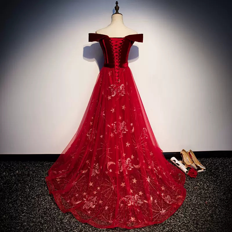Off The Shoulder Red Tulle Prom Dresses SH150