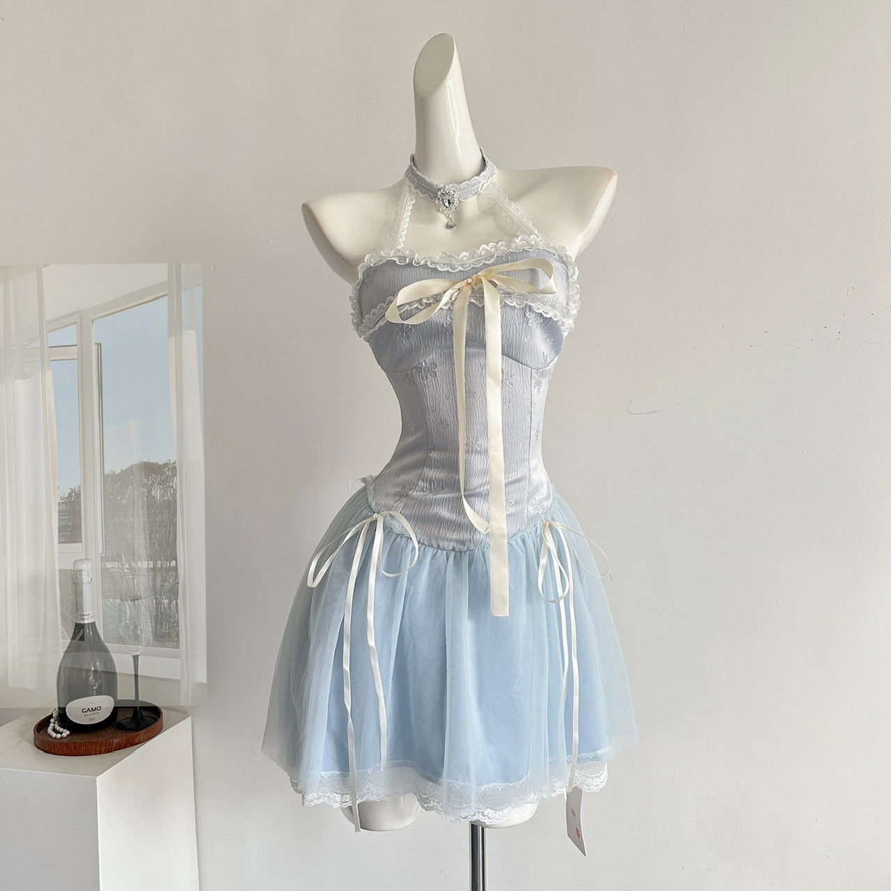Sexy A line Halter Blue Min Summer Dress Holiday Party Homecoming Dress Birthday Outfits For Teens DP1401