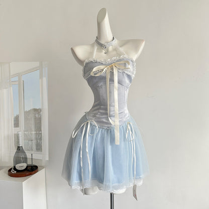Sexy A line Halter Blue Min Summer Dress Holiday Party Homecoming Dress Birthday Outfits For Teens DP1401