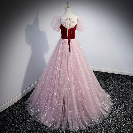 A line Pink Tulle Prom Dresses SH158