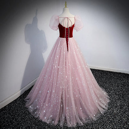 A line Pink Tulle Prom Dresses SH158