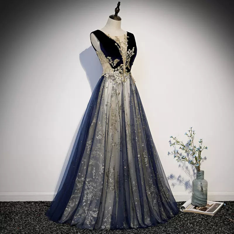 Navy Blue Tulle Long Prom Dresses SH122