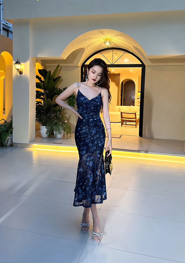 holiday floral sling dress blue mesh mermaid dress HZ1024