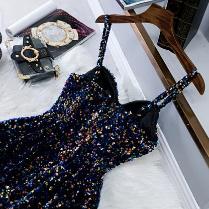Navy Blue Sequin Hoco Dress Short Homecoming Dresses SH138