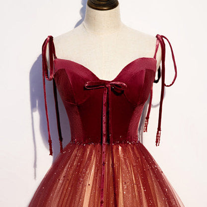 A line Red Sequin Tulle Prom Dresses Sexy Evening Dress SH082