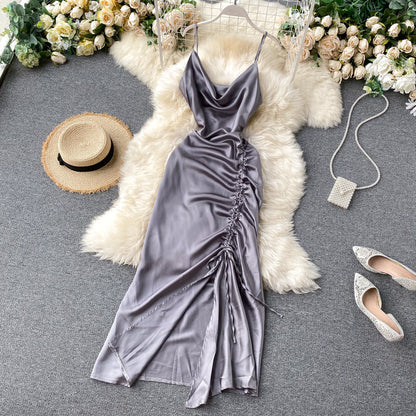Sexy Spaghetti Straps Backless Silk Satin Dress Women Summer Holiday Dress P158