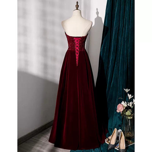 Simple A line Velvet Red Long Prom Dresses SH224
