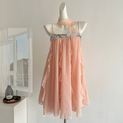 Cute A Line Spaghetti Straps Pink Chiffon Summer Dress Holiday Short Party Outfits For Women DP0102