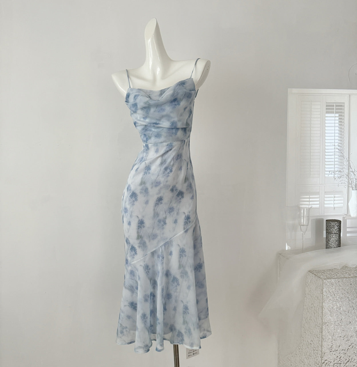 Blue summer romance song neck halter design goddess dress long and short chiffon dress for women DP0007