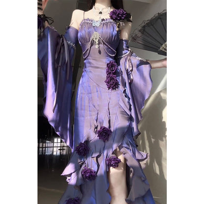 Vintage High Low Spaghetti Straps Grape 16th Birthday Dress Lolita Dress Satin Birthday Outfits W1200