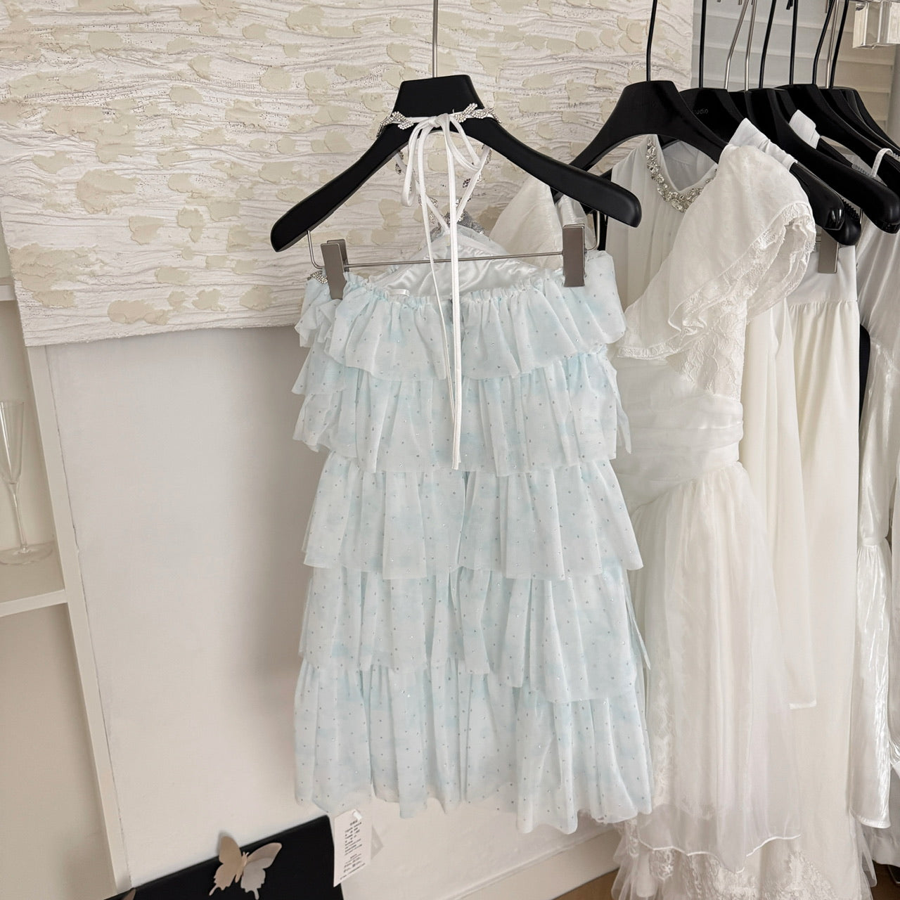 Sexy A line Halter Blue Tulle Min Summer Dress Holiday Party Homecoming Dress Birthday Outfits For Teens DP0151
