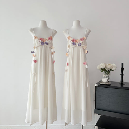 Cute A Line Spaghetti Straps Floral White Chiffon Summer Dress Holiday Party Outfits For Women DP0129