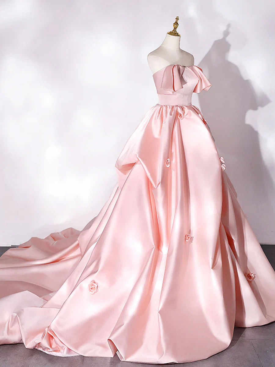 Elegant Pink A Line Strapless Appliques Satin Evening Dress Prom Dress SH1609