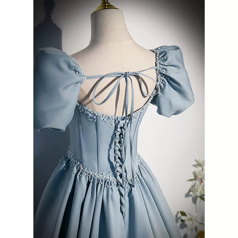 Simple A line Light Sky Blue Satin Long Prom Dresses SH047
