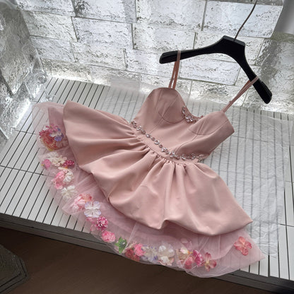 Sexy A line Spaghetti Straps Pink Min Summer Dress Holiday Party Homecoming Dress Birthday Outfits For Teens DP0150