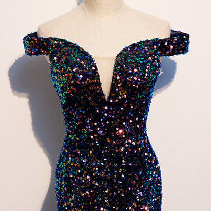 Simple Mermaid Prom Dresses Navy Blue Sequin Evening Dress SH076