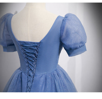 Ball Gown Short Sleeves Long Tulle Blue Prom Dresses SH035