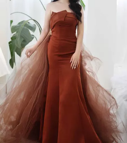 Mermaid Satin Brown Long Prom Dress, Brown Long Evening Dress HZ1024