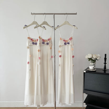 Cute A Line Spaghetti Straps Floral White Chiffon Summer Dress Holiday Party Outfits For Girls DP0130