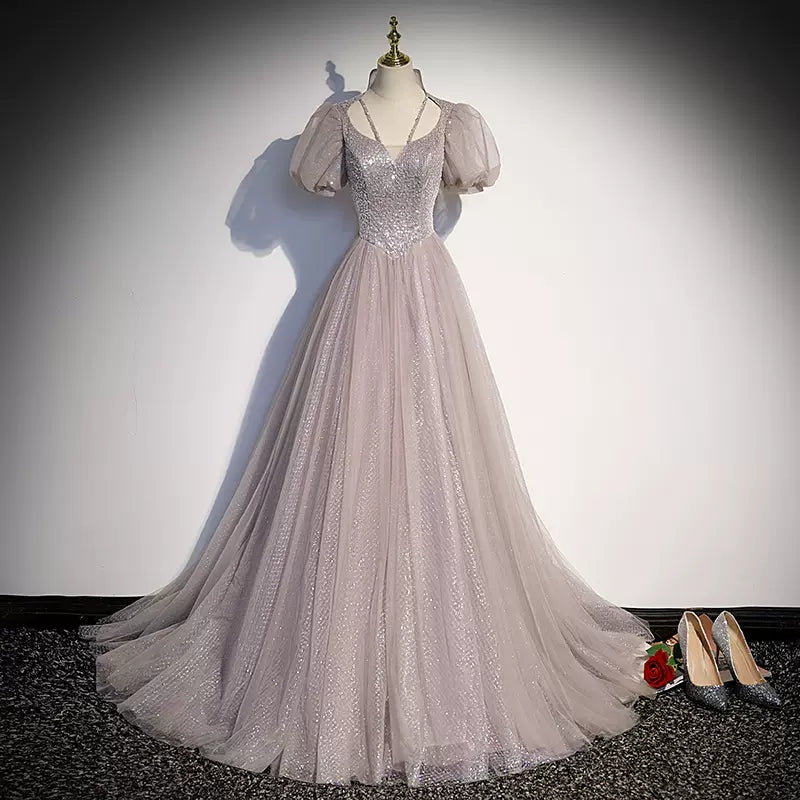 Simple A line Tulle Long Prom Dresses SH220
