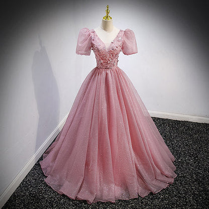 A Line Tulle Prom Dresses Short Sleeves Pink Prom Dress SH068