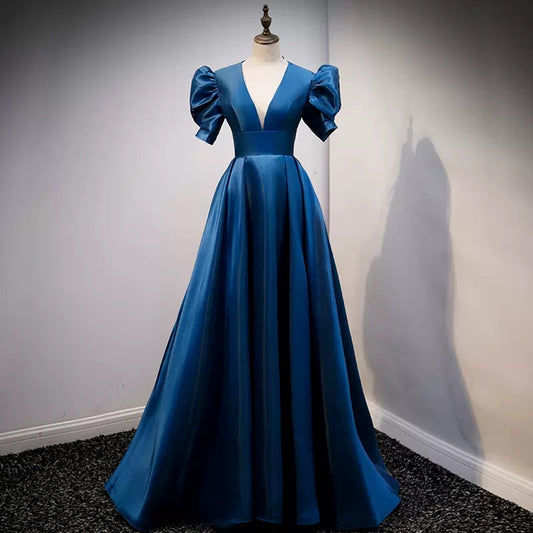 A line Short Sleeves Long Blue Prom Dresses SH051