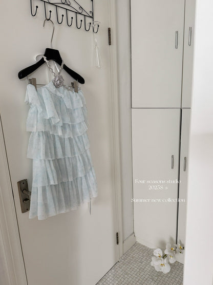 Sexy A line Halter Blue Tulle Min Summer Dress Holiday Party Homecoming Dress Birthday Outfits For Teens DP0151