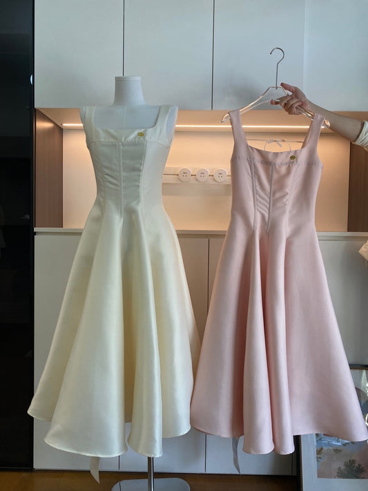 Cute A Line Square Neckline Satin Ruffles Summer Dress Holiday Party Outfits For Girls DP0135