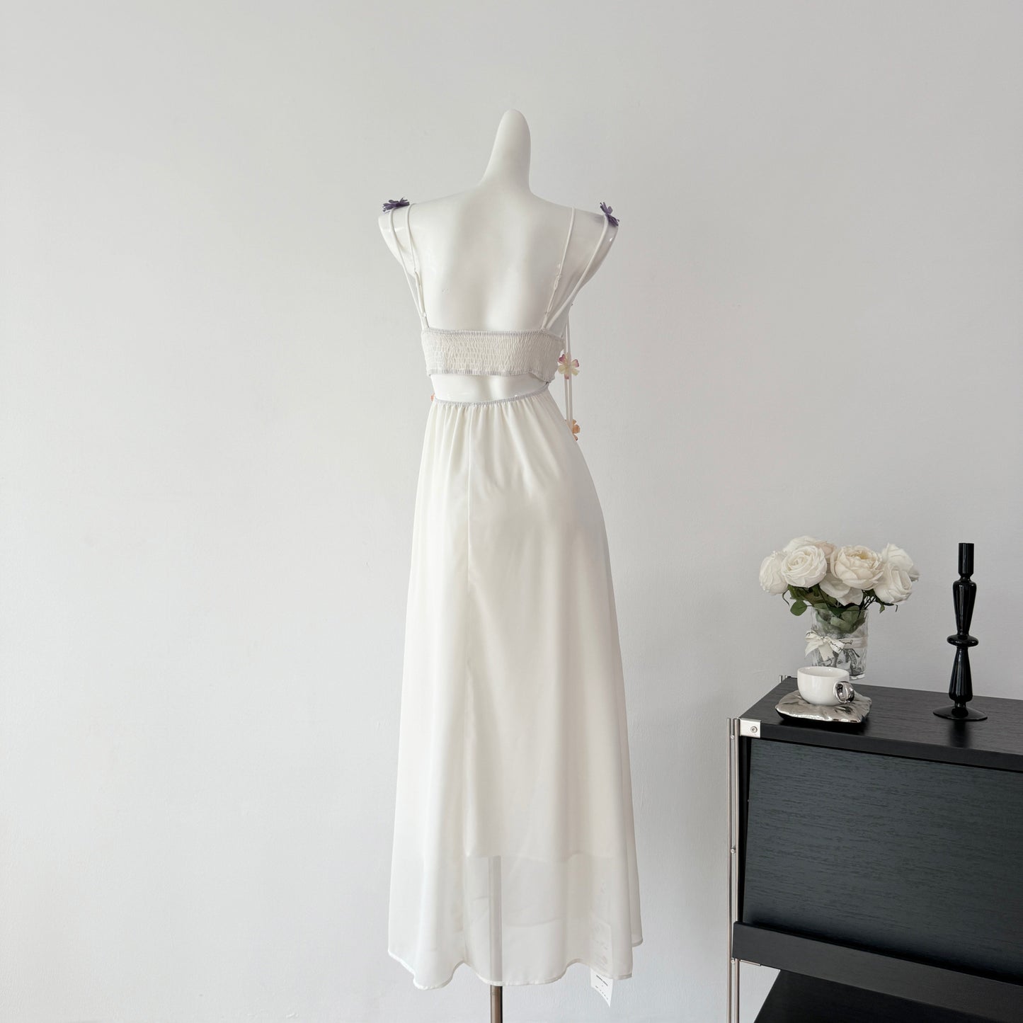 Cute A Line Spaghetti Straps Floral White Chiffon Summer Dress Holiday Party Outfits For Women DP0129