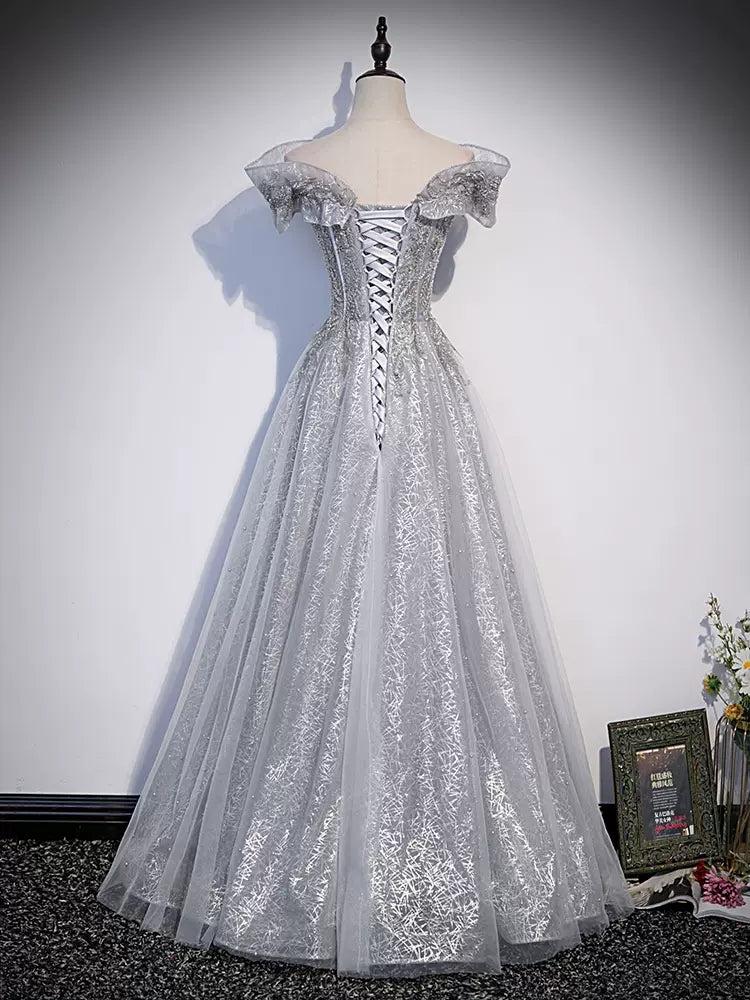 Off The Shoulder Silver Sequin Prom Dresses SH148