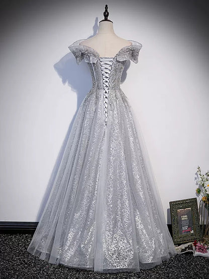 Off The Shoulder Silver Sequin Prom Dresses SH148
