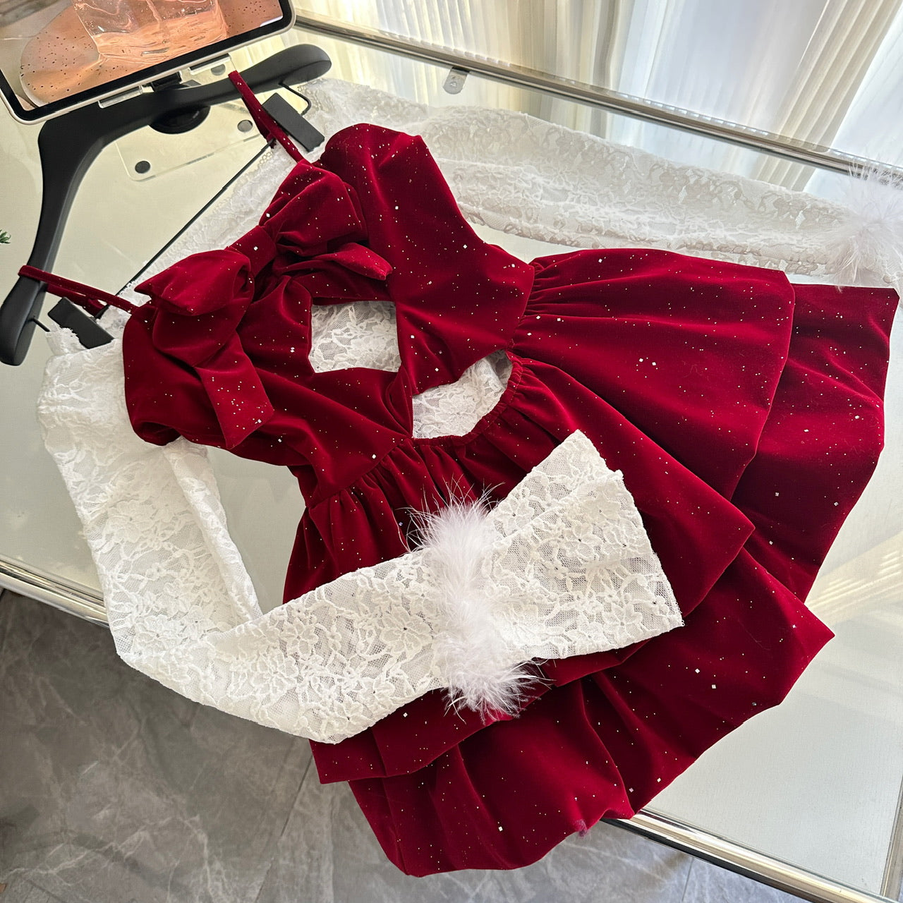 Cute Spaghetti Straps Red Ruffles Velvet Summer Dress 3 Pieces Holiday Party Outfits For Women DP0092