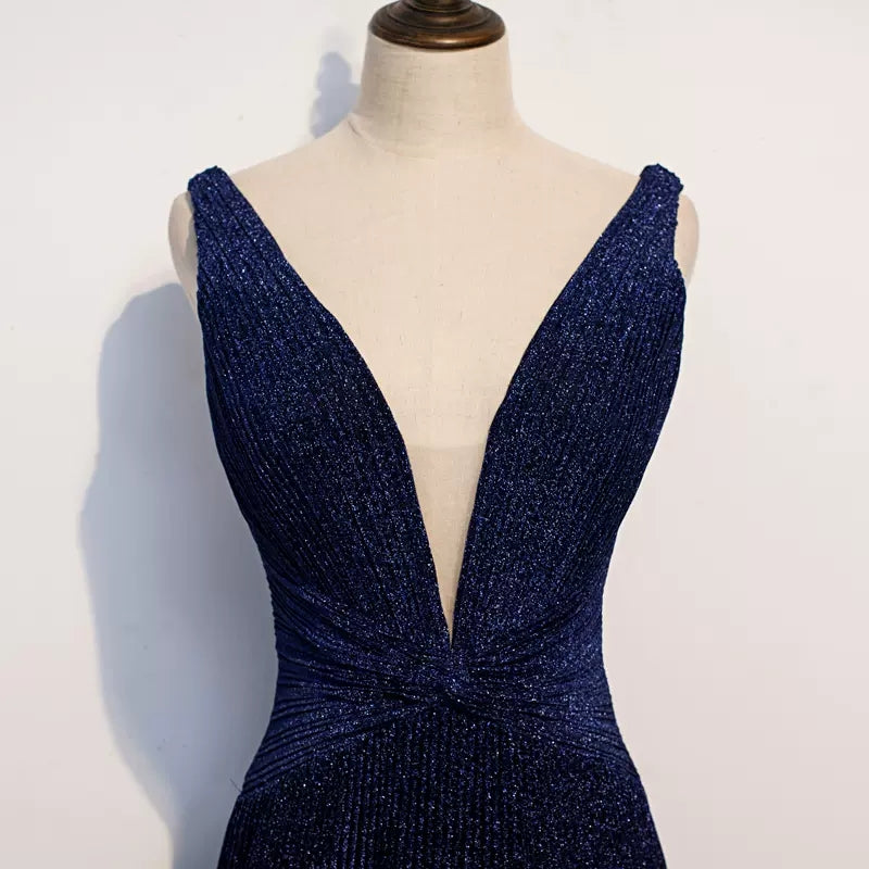 A line Navy Blue Sequin Prom Dresses Sexy Evening Dress SH094