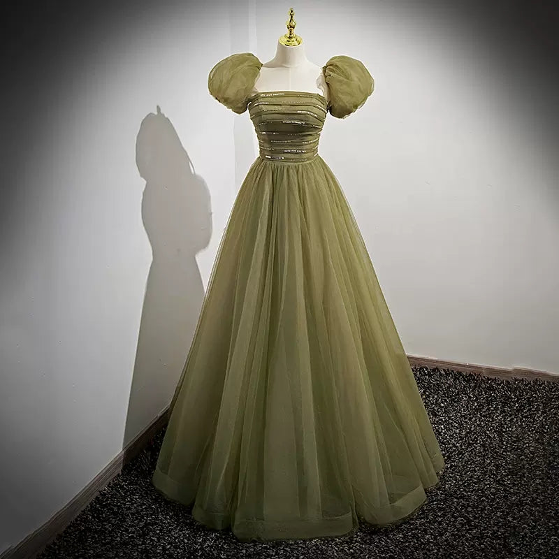 Simple A line Tulle Green  Long Prom Dresses SH218