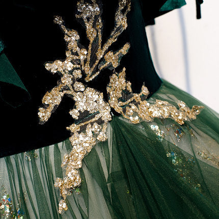 A line Spaghetti Straps Green Sequin Lace Prom Dresses SH057