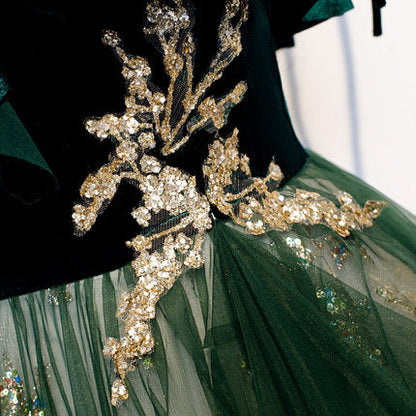 A line Spaghetti Straps Green Sequin Lace Prom Dresses SH057