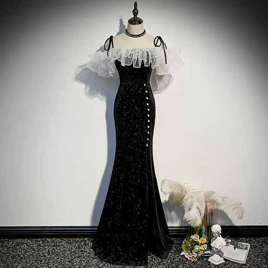 Off the Shoulder Mermaid Black Prom Dresses Sexy Evening Dress SH092
