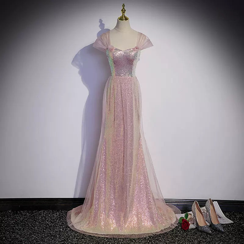 Simple Mermaid Long Sequin Pink Prom Dresses SH037
