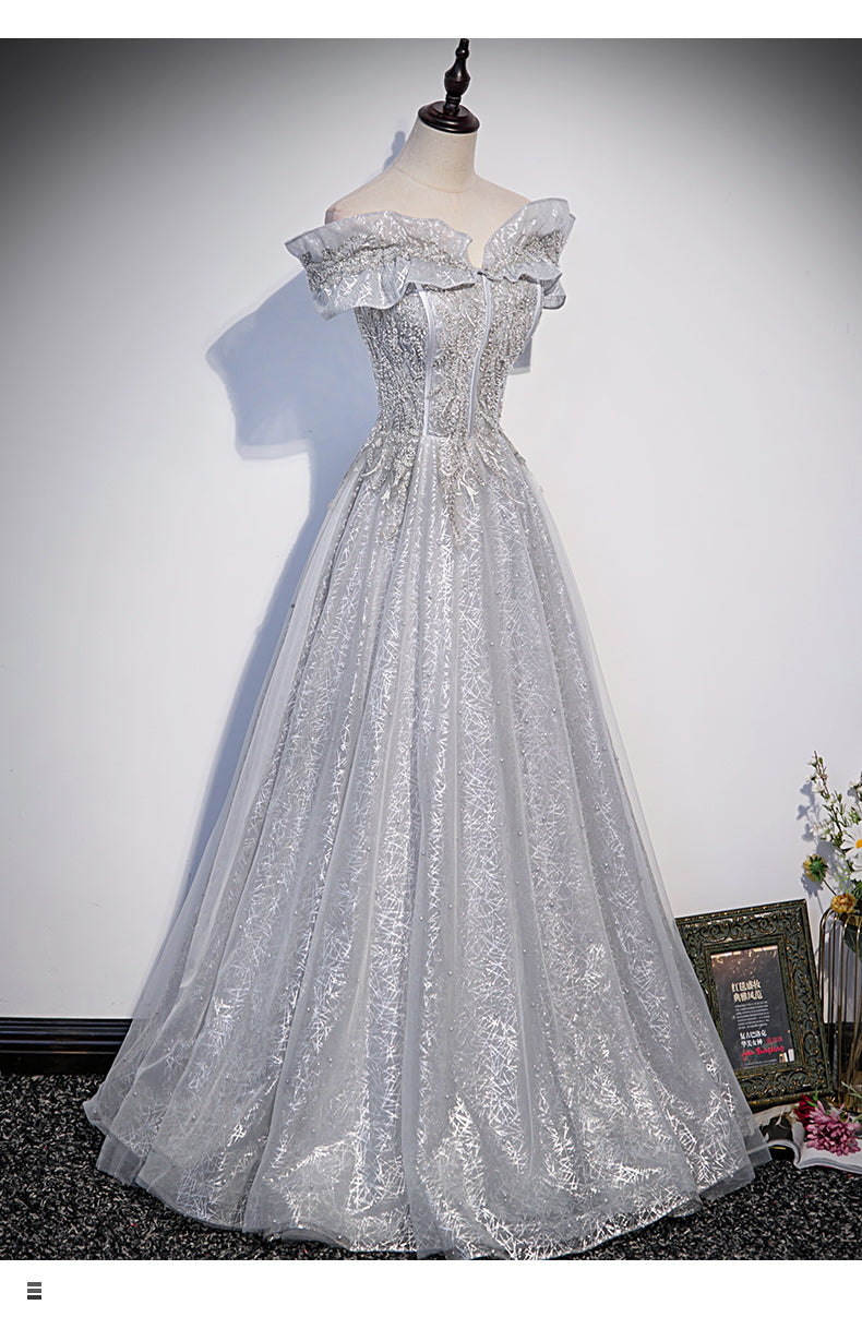A line Off the Shoulder Silver Sequin Long Prom Dresses SH048