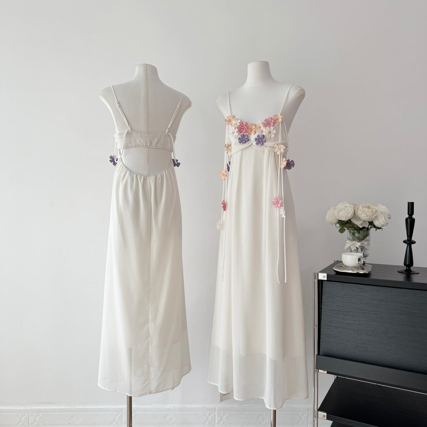 Cute A Line Spaghetti Straps Floral White Chiffon Summer Dress Holiday Party Outfits For Girls DP0130