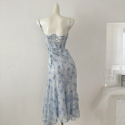Blue summer romance song neck halter design goddess dress long and short chiffon dress for women DP0007