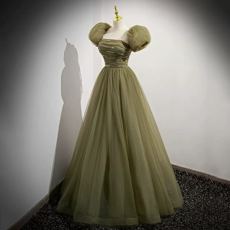 Simple A line Tulle Green  Long Prom Dresses SH218