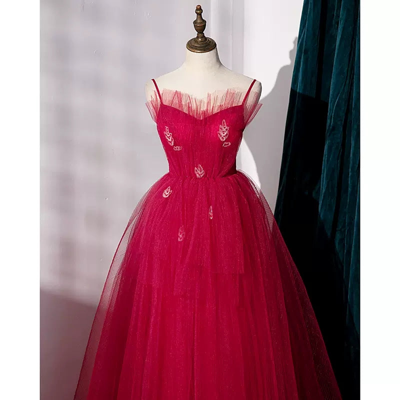 Simple A line Tulle Red Long Prom Dresses SH223