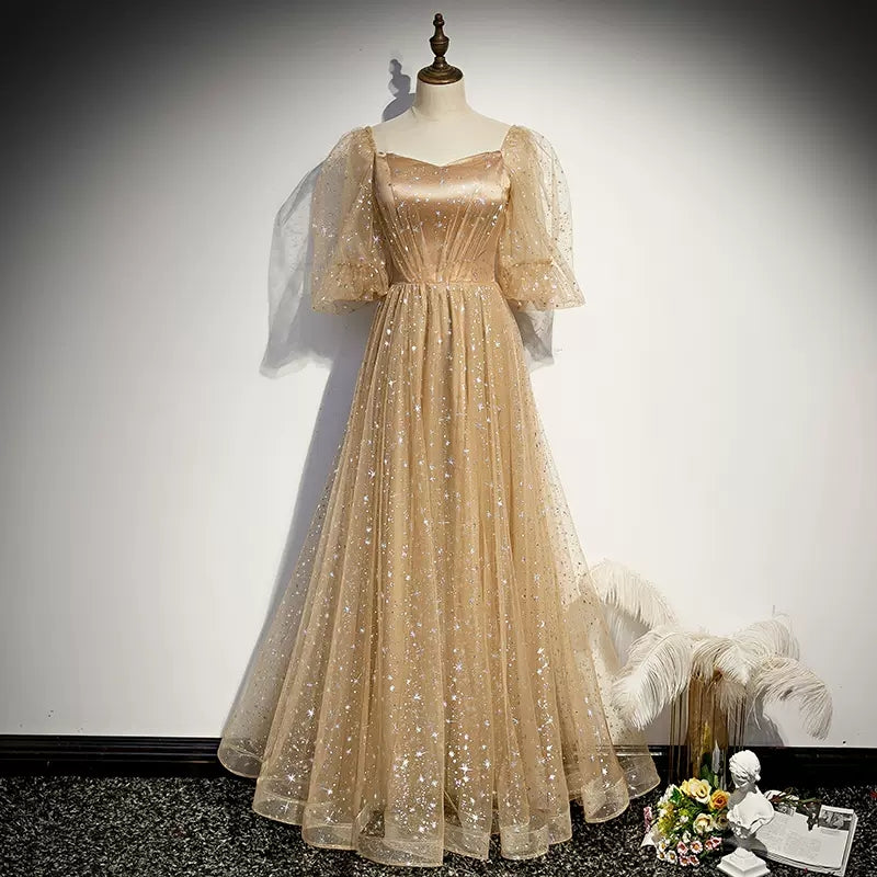 Simple A line Long Tulle Prom Dresses SH234