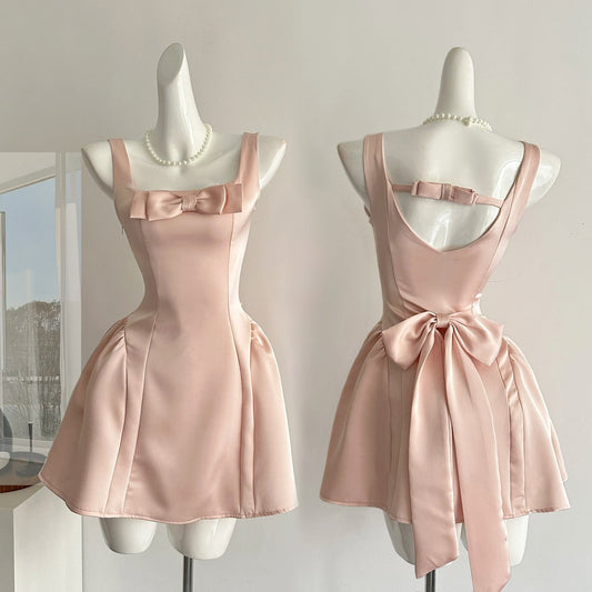 Cute A Line Square Satin Pink Casual Dress Summer Outfits Short Holiday Dresses DP1407