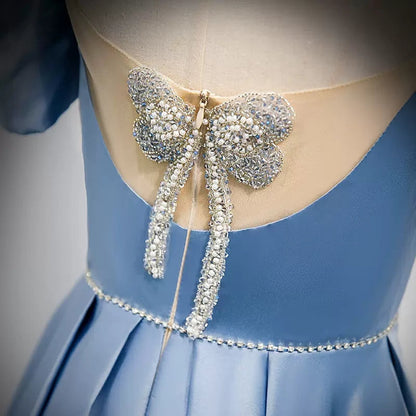 Simple A line Satin Light Sky Blue Long Prom Dresses SH219