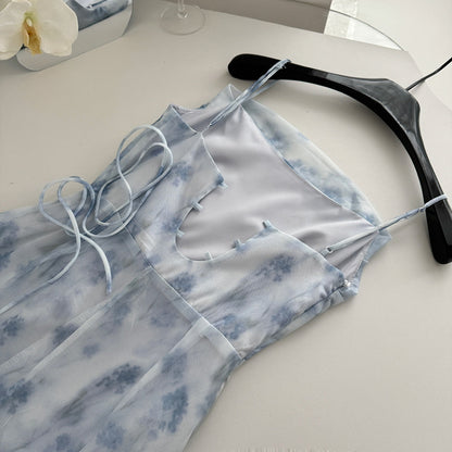 Blue summer romance song neck halter design goddess dress long and short chiffon dress for women DP0007