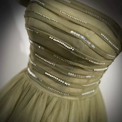 Simple A line Tulle Green  Long Prom Dresses SH218