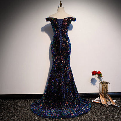 Simple Mermaid Prom Dresses Navy Blue Sequin Evening Dress SH076