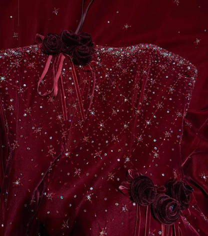 Burgundy A Line Strapless Beaded Velvet Long Prom Dresses 16th Birthday Dresses SH4635